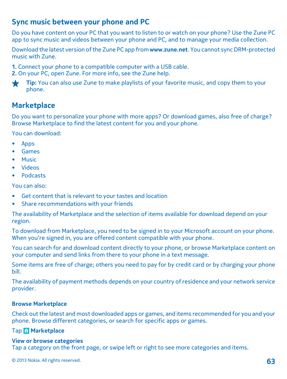 Sync music between your phone and pc, Marketplace, Browse marketplace | Marketplace 63 | Nokia Lumia 800 User Manual | Page 63 / 88