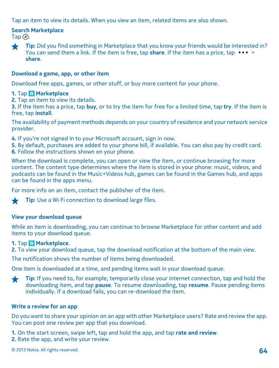 Download a game, app, or other item, View your download queue, Write a review for an app | Nokia Lumia 800 User Manual | Page 64 / 88