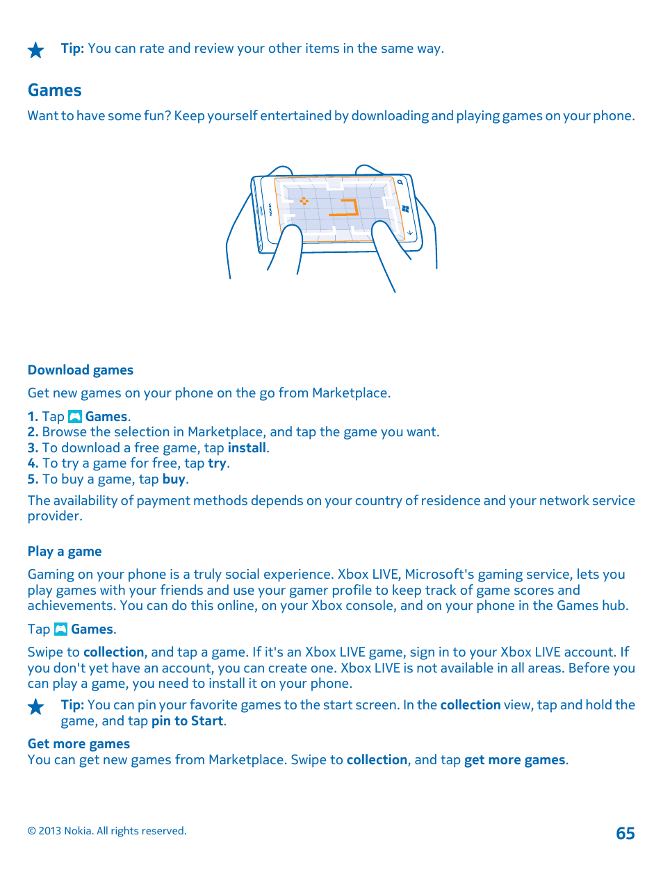 Games, Download games, Play a game | Games 65 | Nokia Lumia 800 User Manual | Page 65 / 88