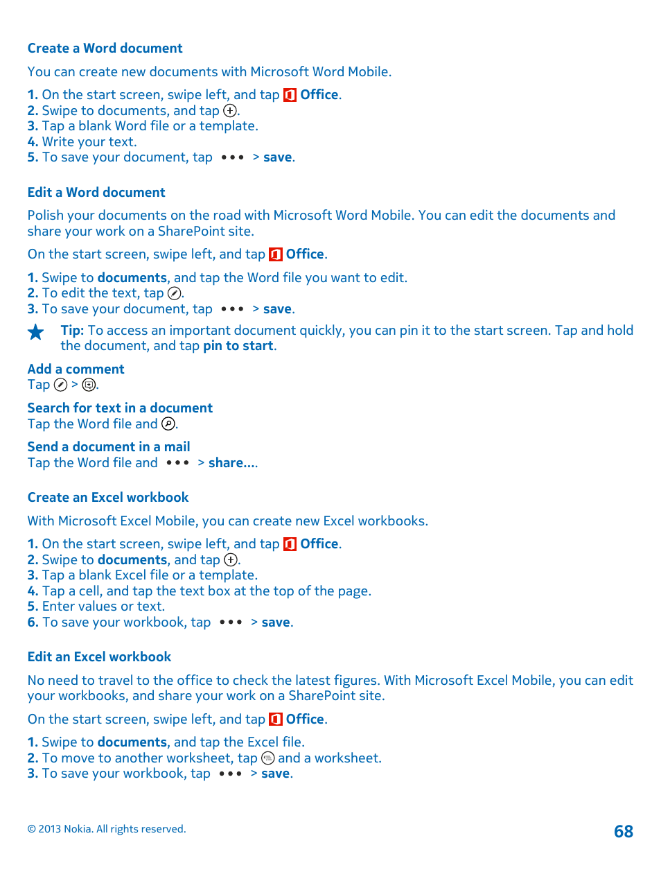 Create a word document, Edit a word document, Create an excel workbook | Edit an excel workbook | Nokia Lumia 800 User Manual | Page 68 / 88