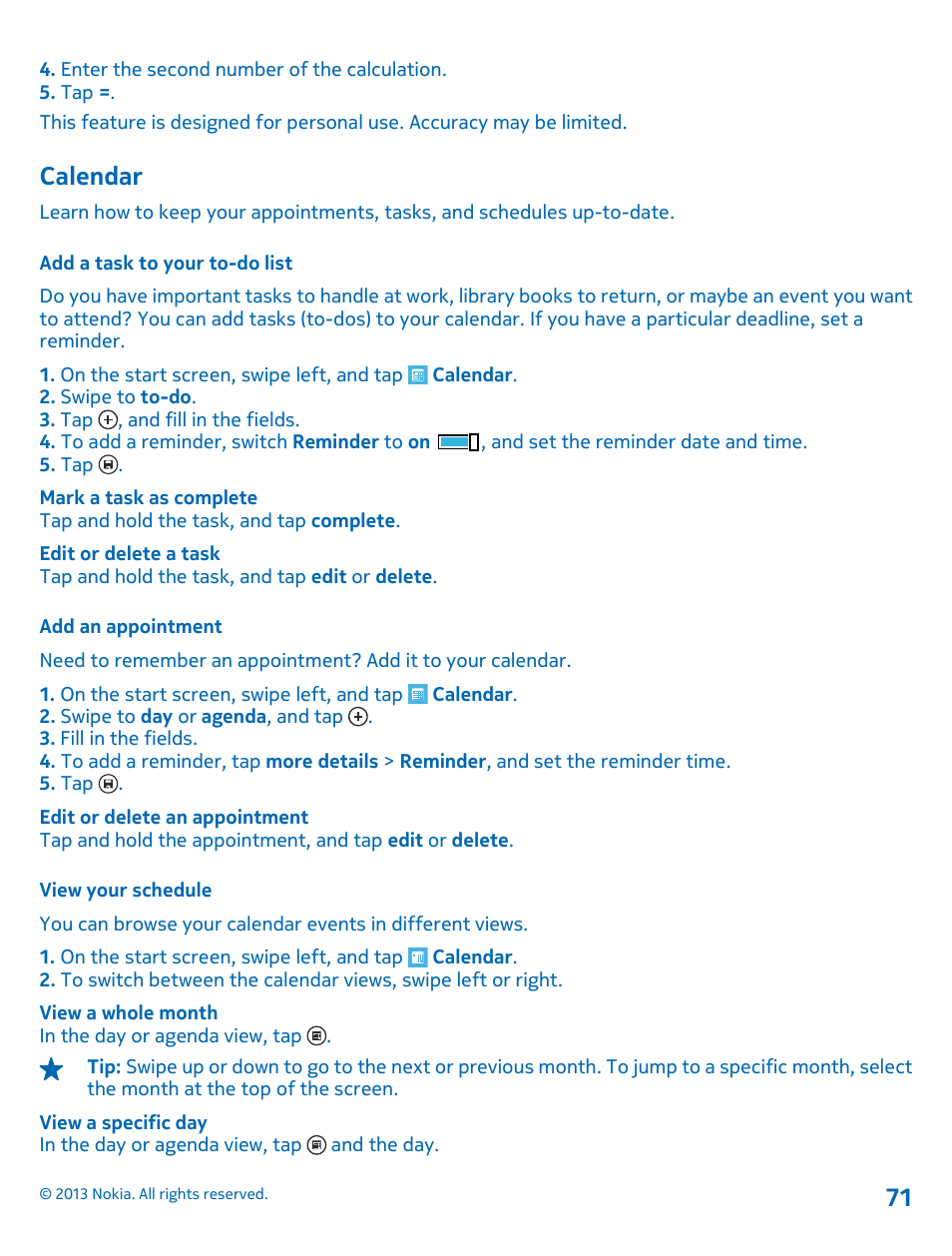 Calendar, Add a task to your to-do list, Add an appointment | View your schedule, Calendar 71 | Nokia Lumia 800 User Manual | Page 71 / 88