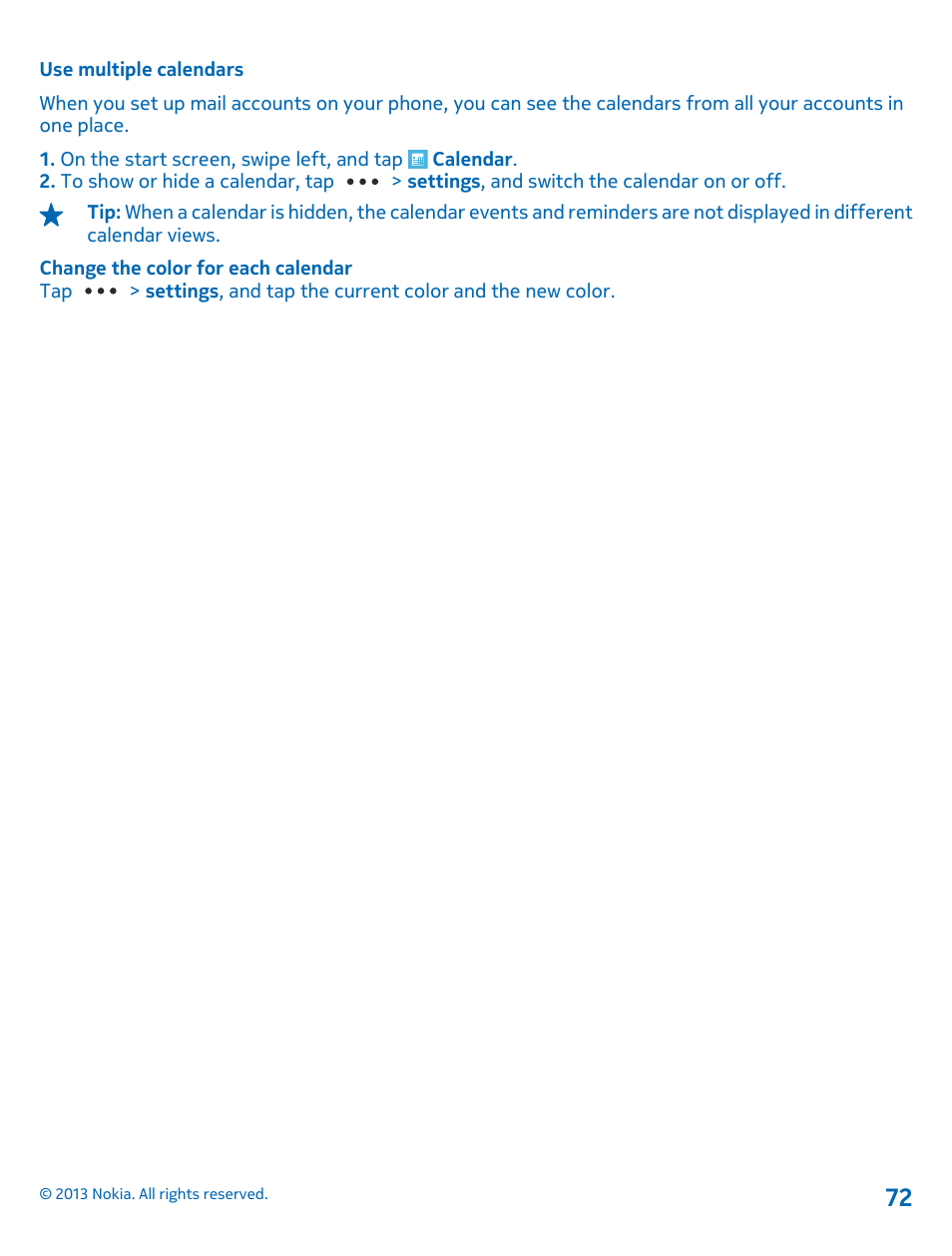 Use multiple calendars | Nokia Lumia 800 User Manual | Page 72 / 88