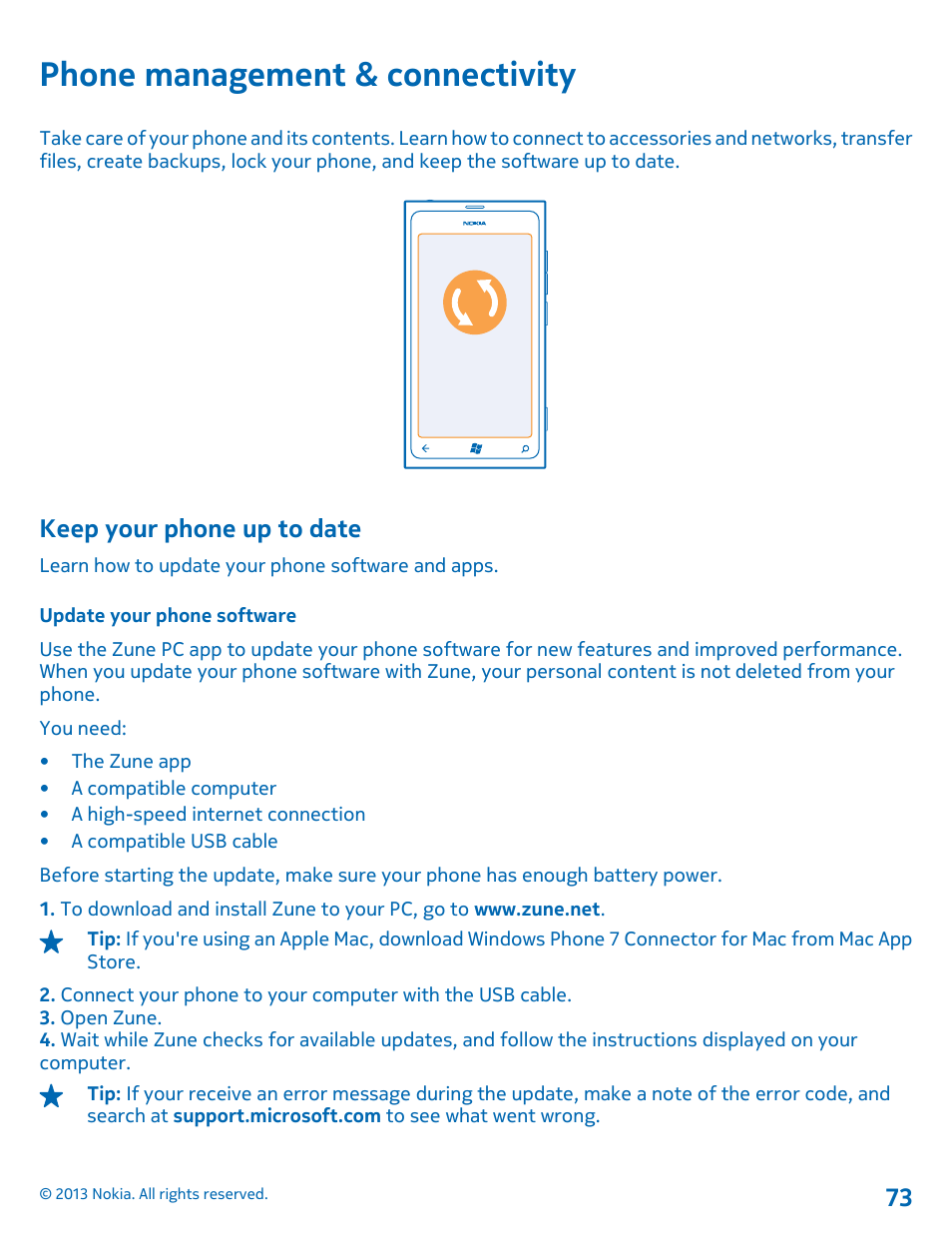 Phone management & connectivity, Keep your phone up to date, Update your phone software | Nokia Lumia 800 User Manual | Page 73 / 88