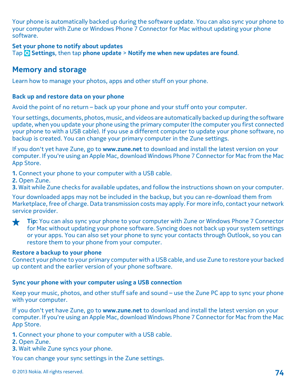 Memory and storage, Back up and restore data on your phone | Nokia Lumia 800 User Manual | Page 74 / 88