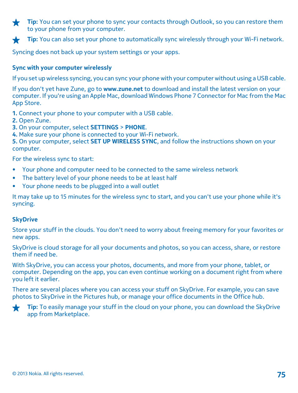 Sync with your computer wirelessly, Skydrive | Nokia Lumia 800 User Manual | Page 75 / 88
