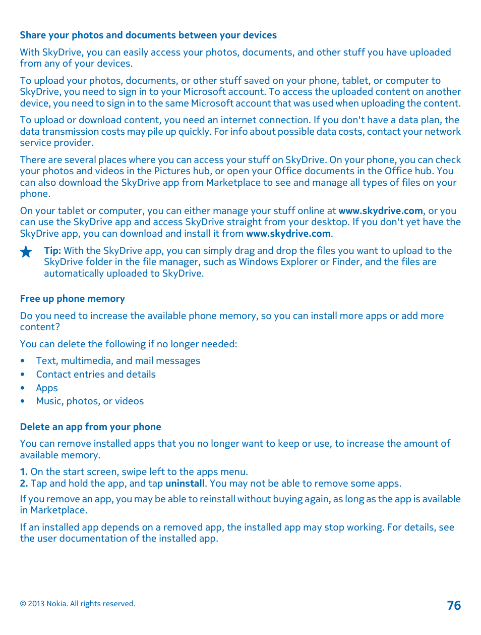 Free up phone memory, Delete an app from your phone | Nokia Lumia 800 User Manual | Page 76 / 88