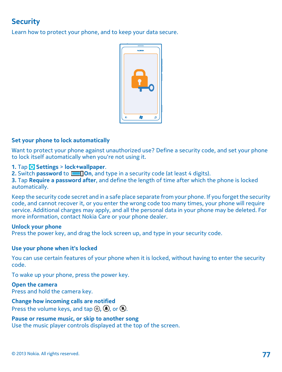 Security, Set your phone to lock automatically, Use your phone when it's locked | Security 77 | Nokia Lumia 800 User Manual | Page 77 / 88