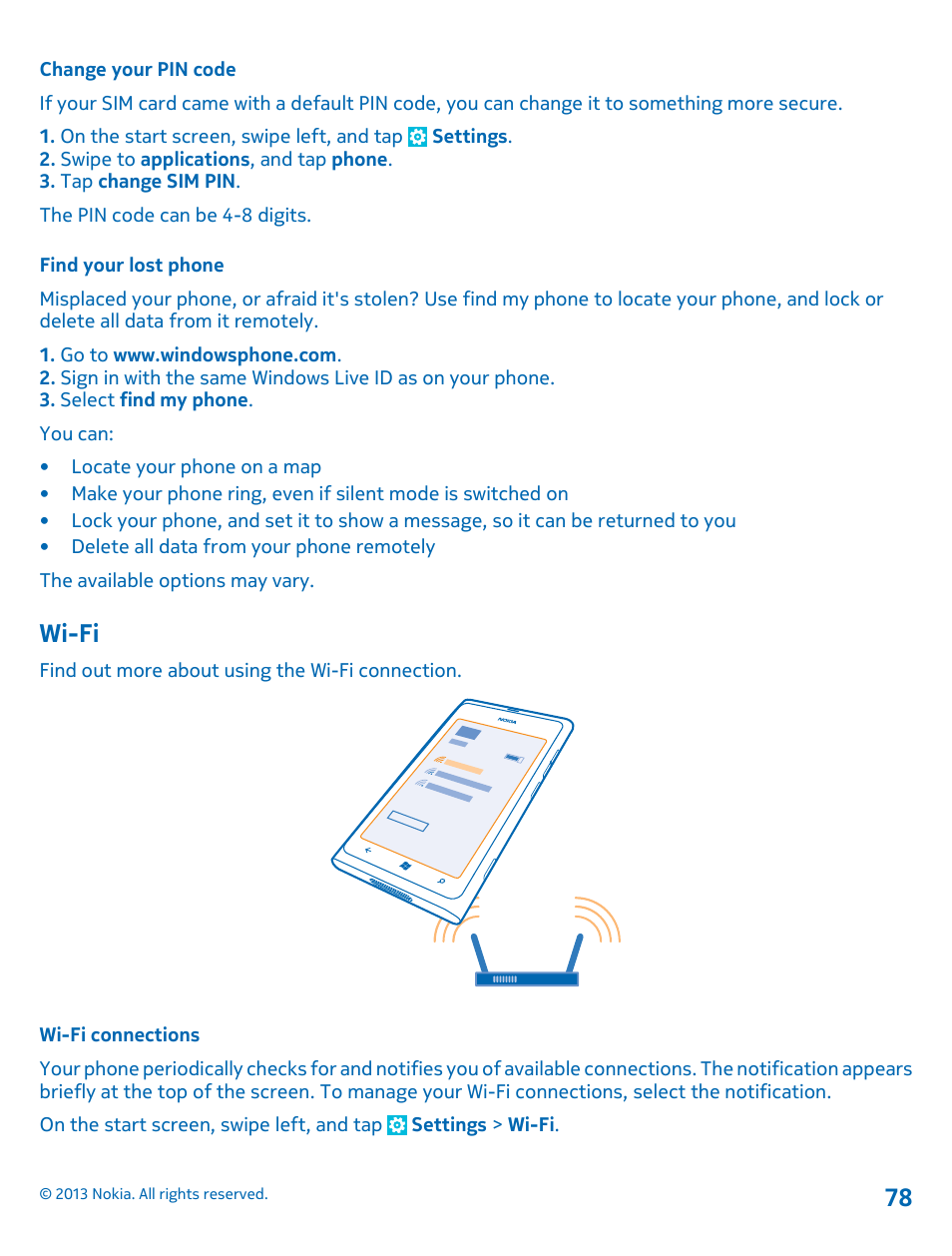 Change your pin code, Find your lost phone, Wi-fi | Wi-fi connections, Wi-fi 78 | Nokia Lumia 800 User Manual | Page 78 / 88