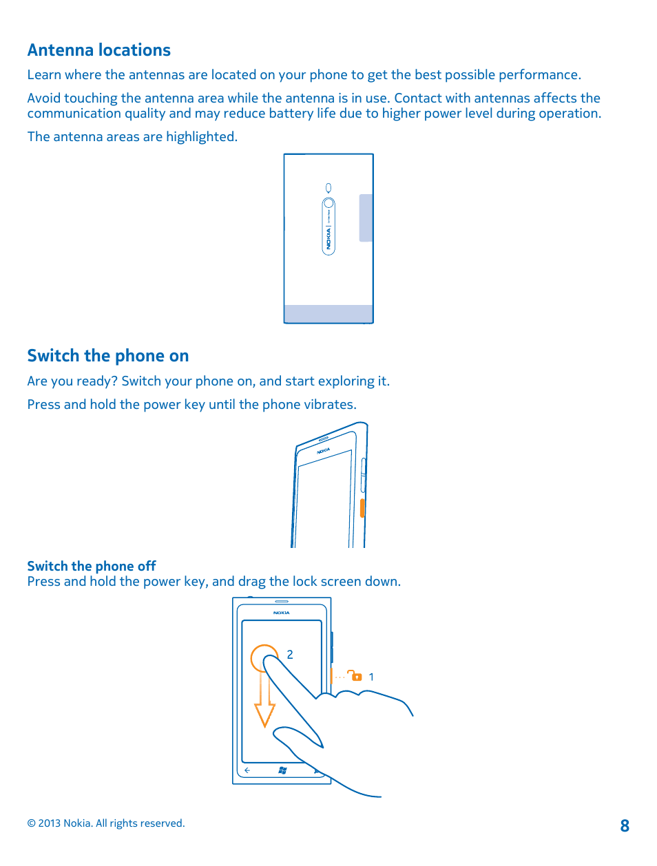 Antenna locations, Switch the phone on | Nokia Lumia 800 User Manual | Page 8 / 88