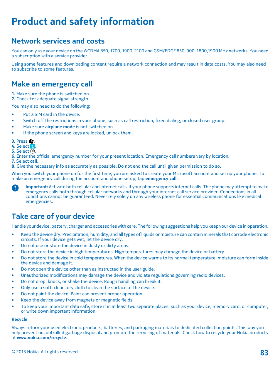 Product and safety information, Network services and costs, Make an emergency call | Take care of your device | Nokia Lumia 800 User Manual | Page 83 / 88