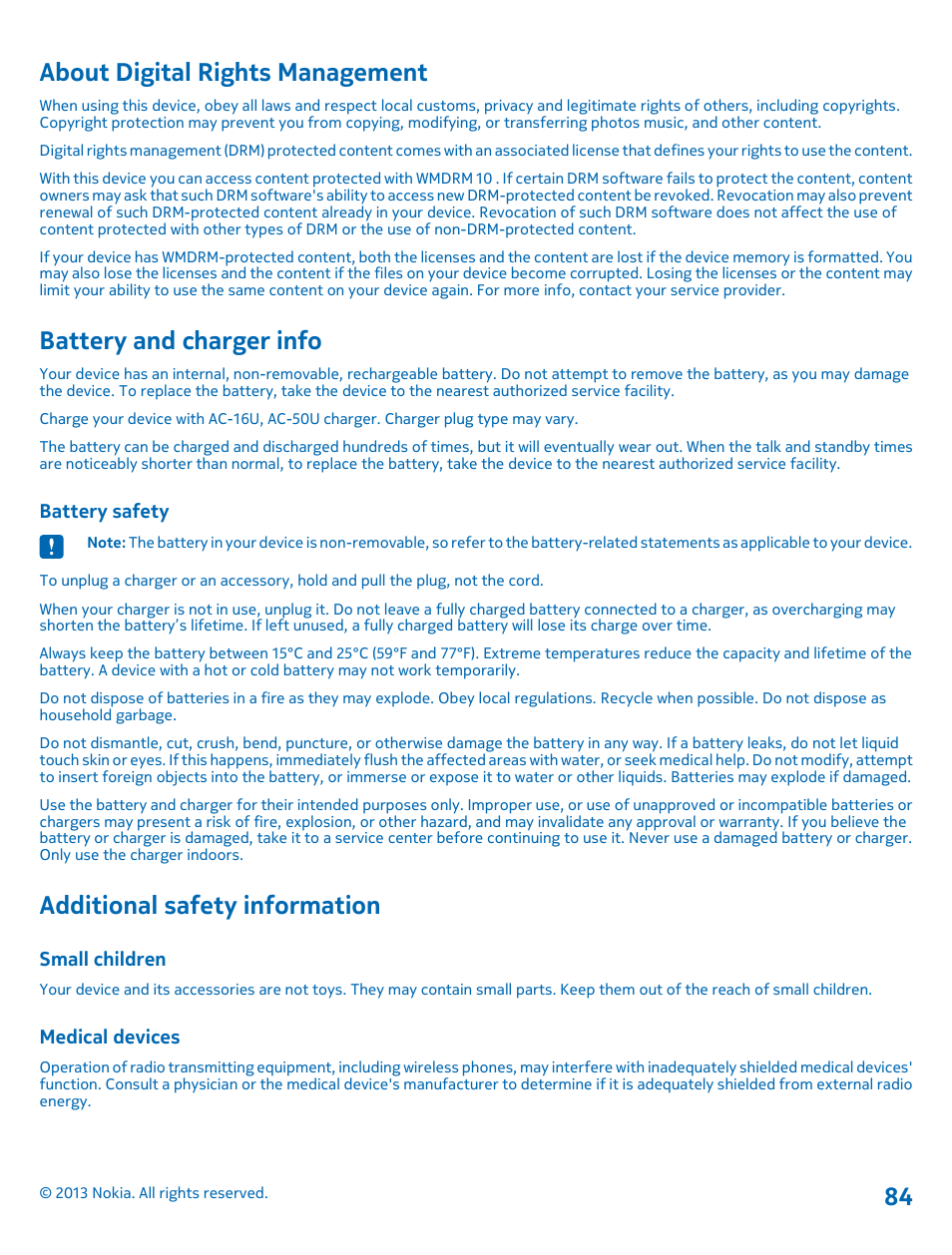 About digital rights management, Battery and charger info, Battery safety | Additional safety information, Small children, Medical devices | Nokia Lumia 800 User Manual | Page 84 / 88