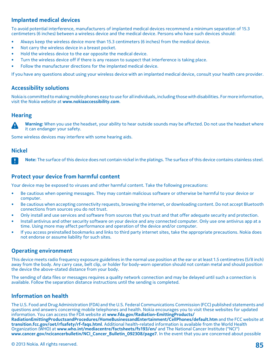 Implanted medical devices, Accessibility solutions, Hearing | Nickel, Protect your device from harmful content, Operating environment, Information on health | Nokia Lumia 800 User Manual | Page 85 / 88