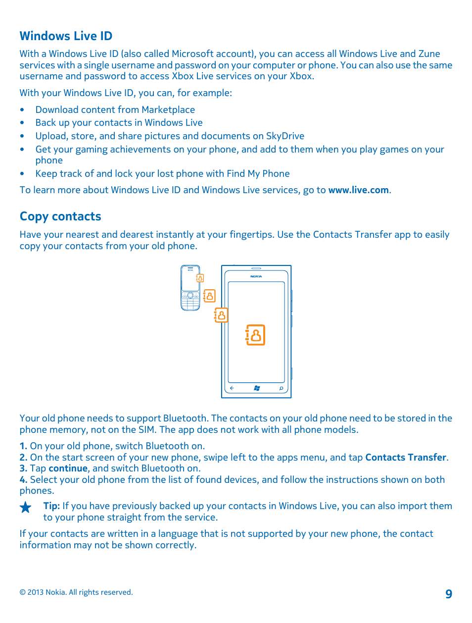 Windows live id, Copy contacts | Nokia Lumia 800 User Manual | Page 9 / 88