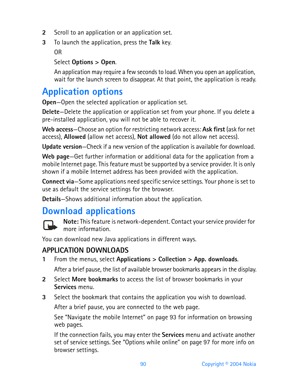 Application options, Download applications, Application downloads | Nokia 3200 User Manual | Page 101 / 153