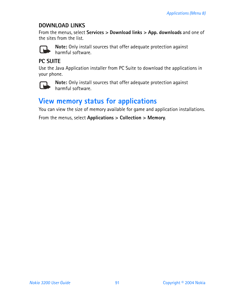 Download links, Pc suite, View memory status for applications | Nokia 3200 User Manual | Page 102 / 153