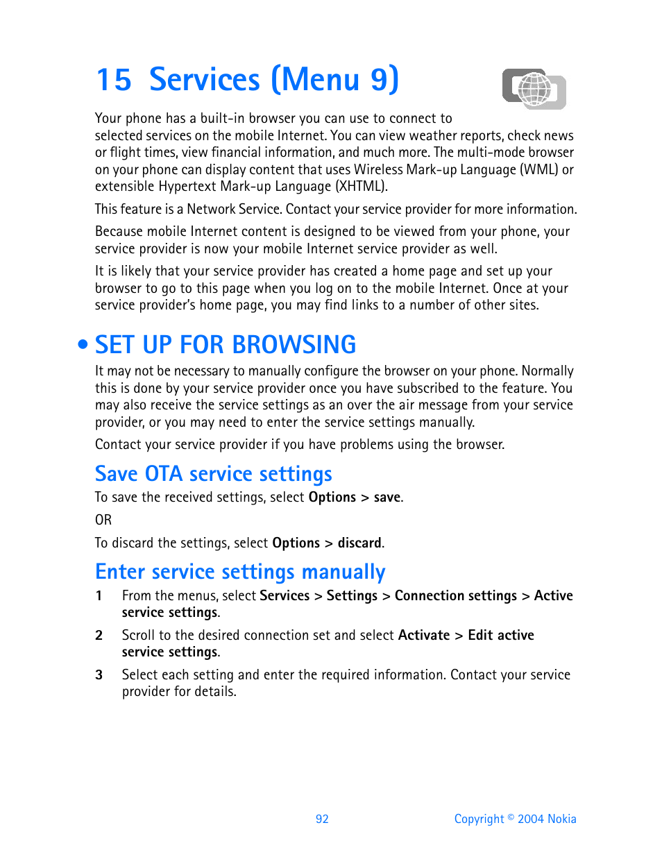15 services (menu 9), Set up for browsing, Save ota service settings | Enter service settings manually | Nokia 3200 User Manual | Page 103 / 153