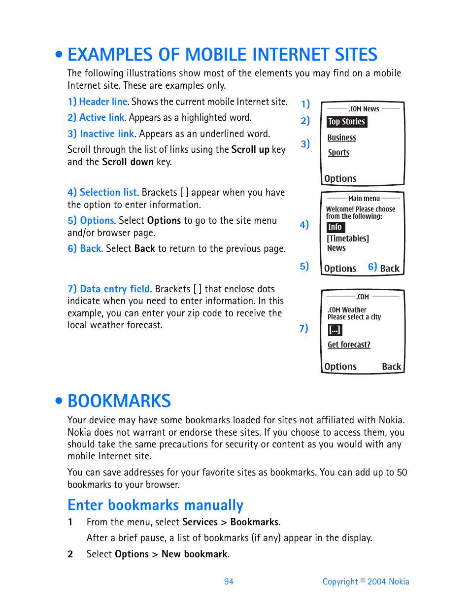 Examples of mobile internet sites, Bookmarks, Enter bookmarks manually | Examples of mobile internet sites bookmarks | Nokia 3200 User Manual | Page 105 / 153