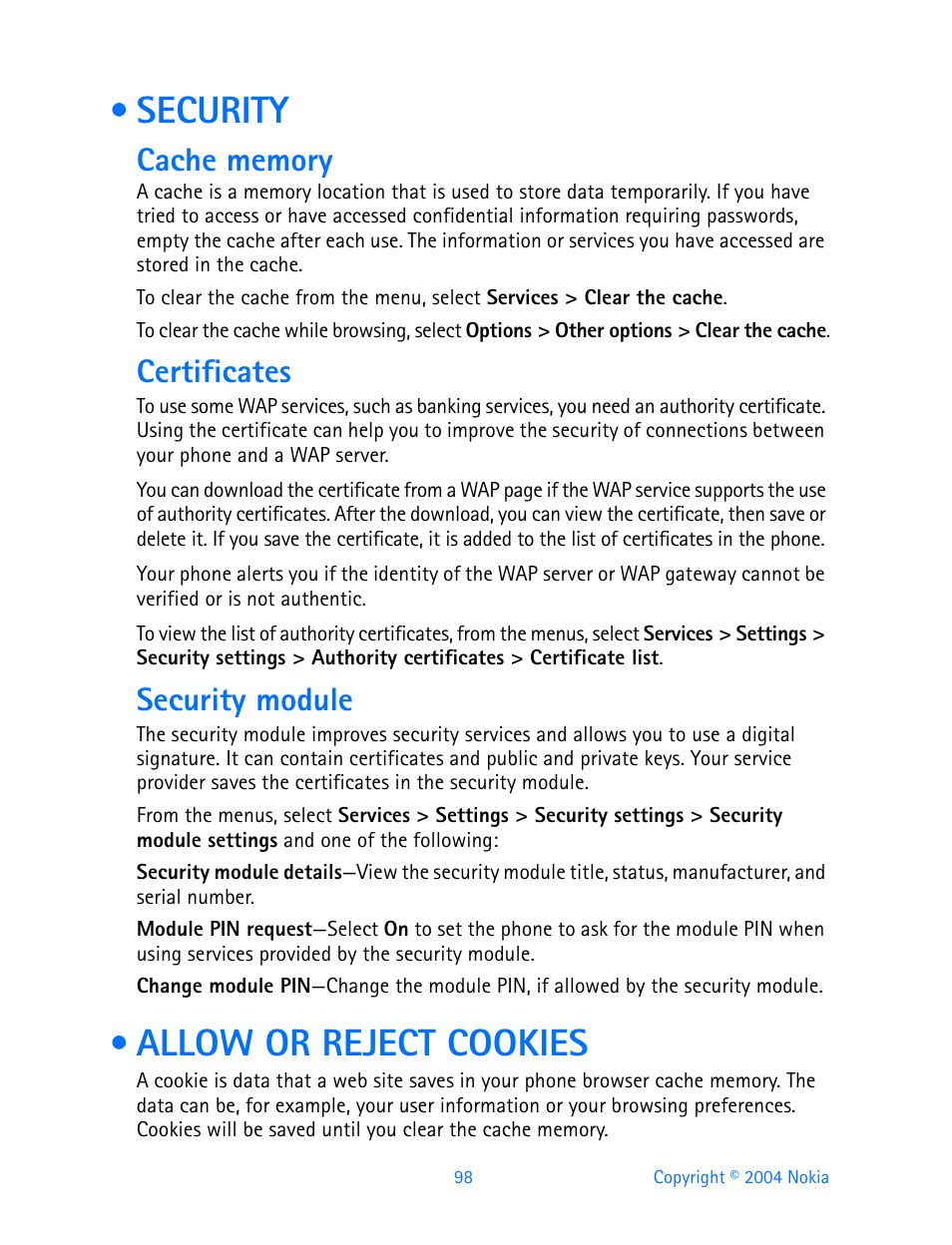 Security, Cache memory, Certificates | Security module, Allow or reject cookies, Security allow or reject cookies | Nokia 3200 User Manual | Page 109 / 153