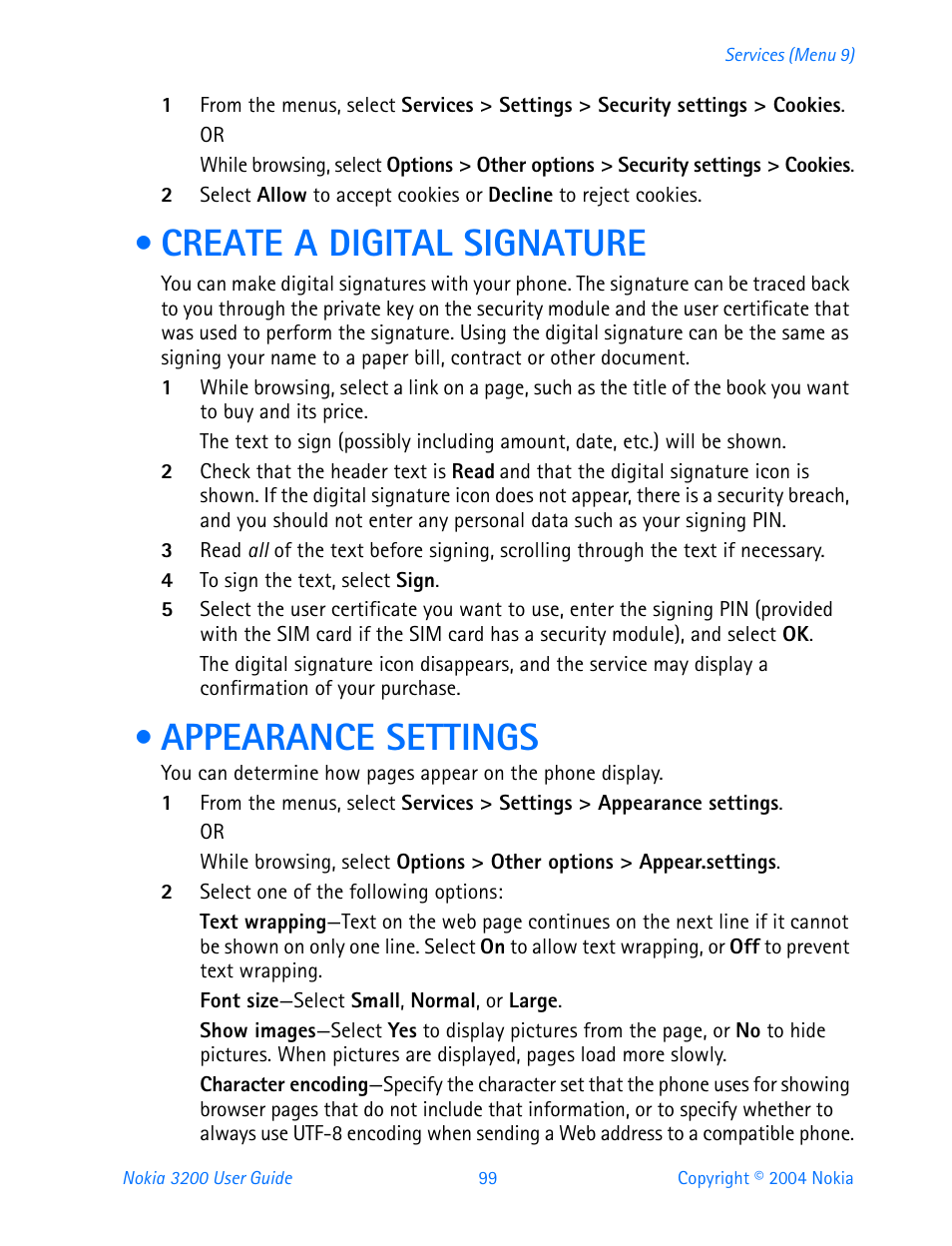 Create a digital signature, Appearance settings, Create a digital signature appearance settings | Nokia 3200 User Manual | Page 110 / 153