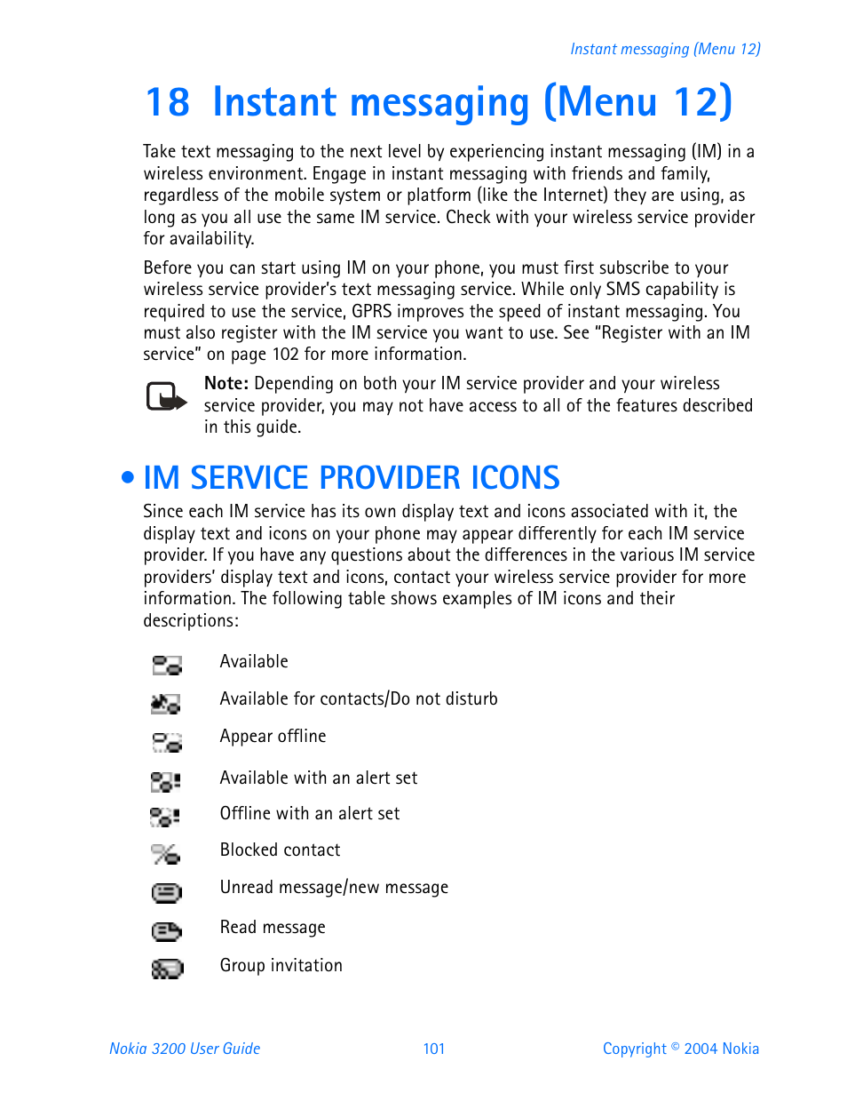 18 instant messaging (menu 12), Im service provider icons | Nokia 3200 User Manual | Page 112 / 153