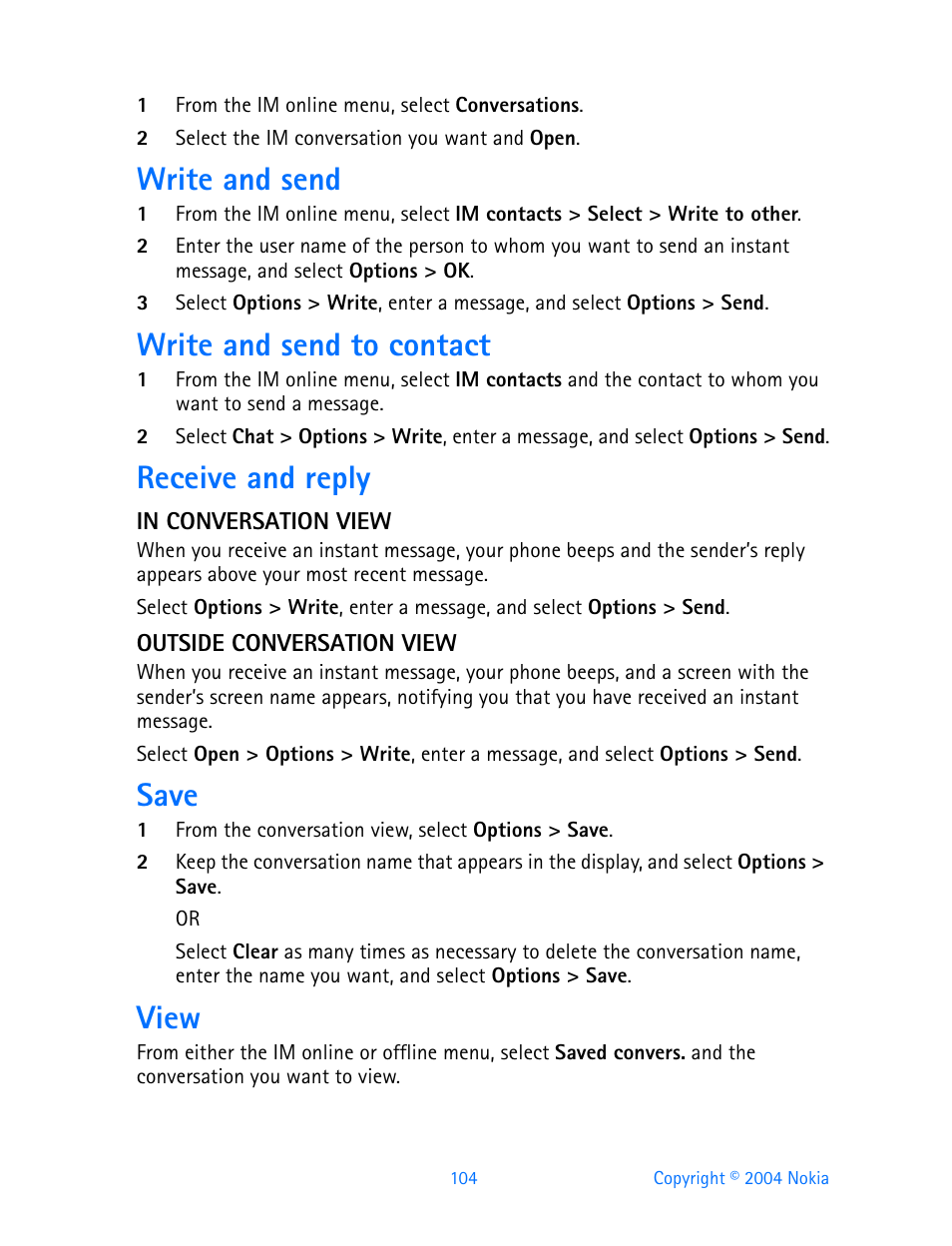 Write and send, Write and send to contact, Receive and reply | In conversation view, Outside conversation view, Save, View | Nokia 3200 User Manual | Page 115 / 153