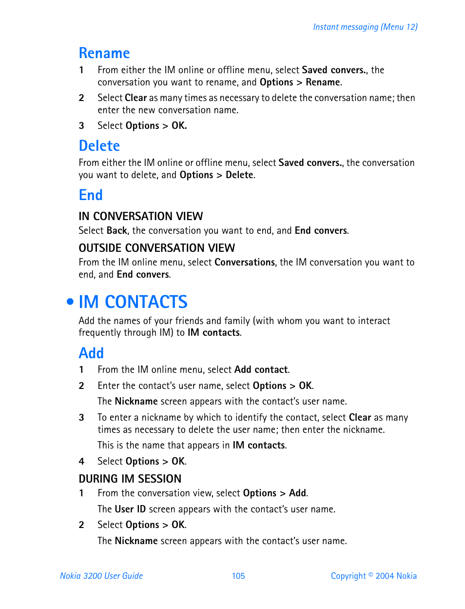 Rename, Delete, In conversation view | Outside conversation view, Im contacts, During im session | Nokia 3200 User Manual | Page 116 / 153