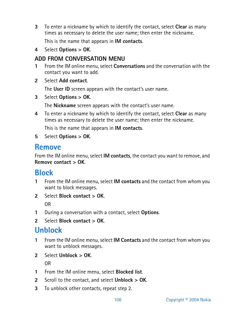 Add from conversation menu, Remove, Block | Unblock | Nokia 3200 User Manual | Page 117 / 153