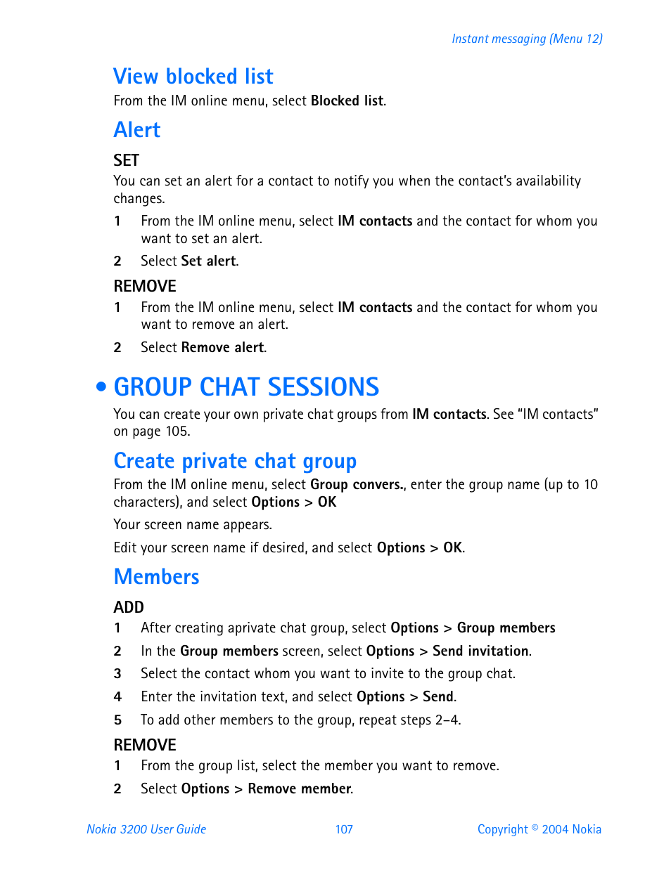 View blocked list, Alert, Remove | Group chat sessions, Create private chat group, Members | Nokia 3200 User Manual | Page 118 / 153