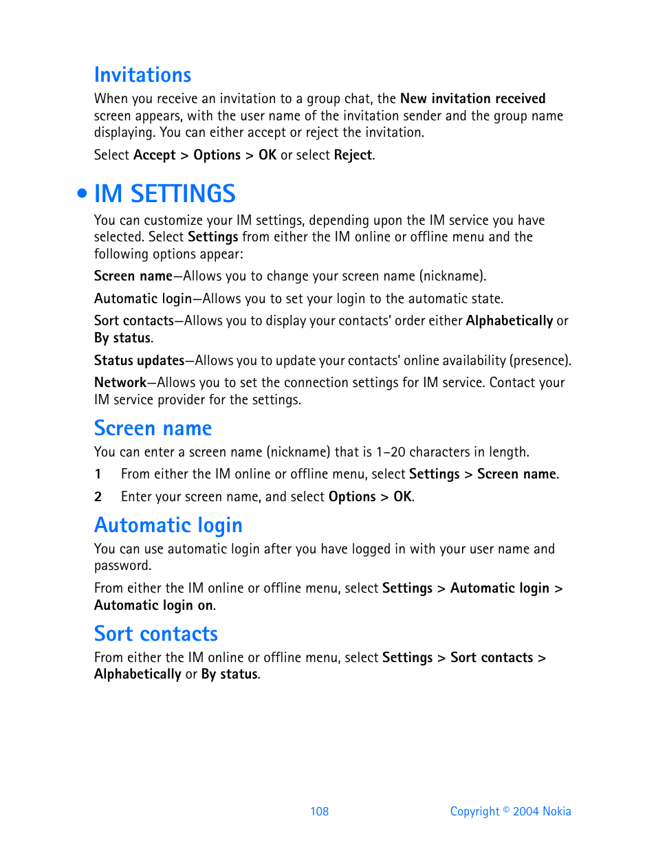 Invitations, Im settings, Screen name | Automatic login, Sort contacts | Nokia 3200 User Manual | Page 119 / 153