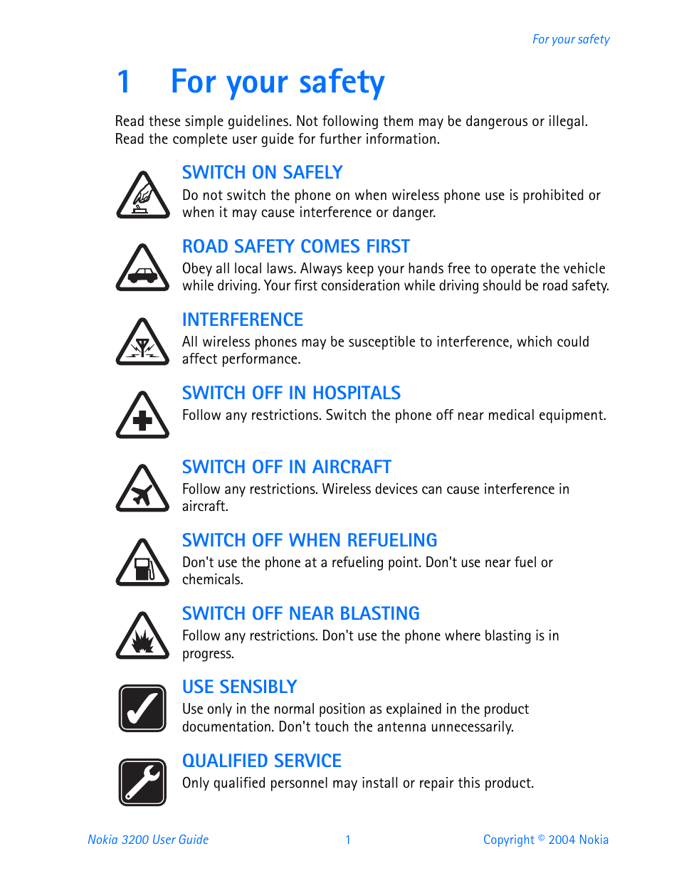 1 for your safety, For your safety, 1for your safety | Nokia 3200 User Manual | Page 12 / 153