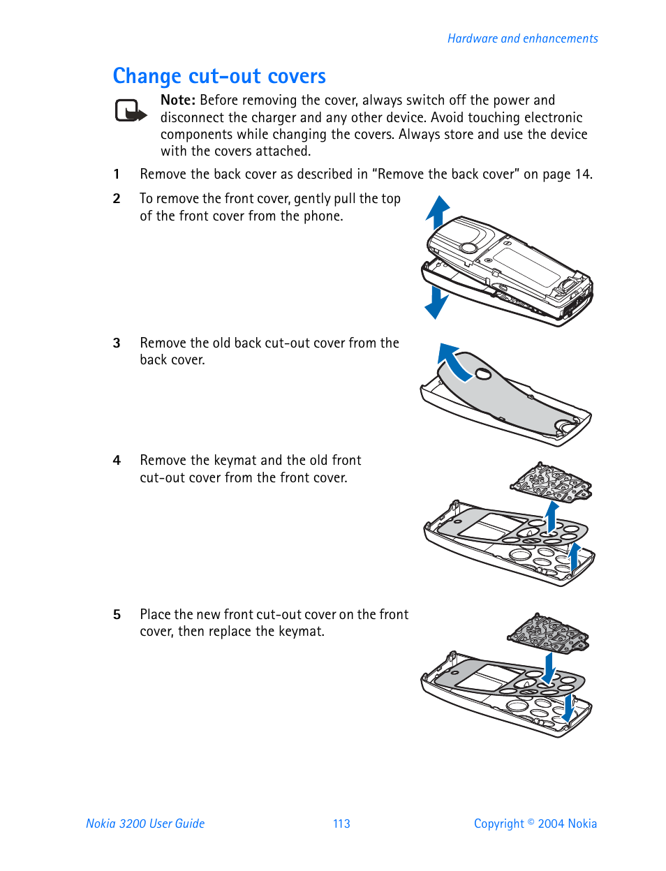 Change cut-out covers | Nokia 3200 User Manual | Page 124 / 153