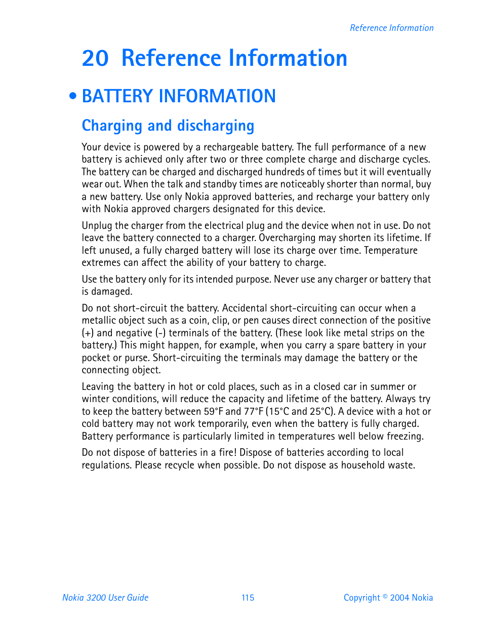 20 reference information, Battery information, Charging and discharging | Nokia 3200 User Manual | Page 126 / 153