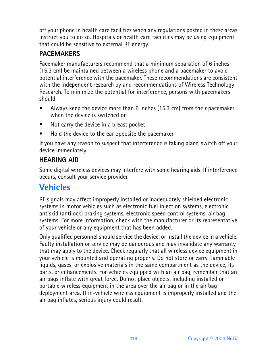 Pacemakers, Hearing aid, Vehicles | Nokia 3200 User Manual | Page 129 / 153