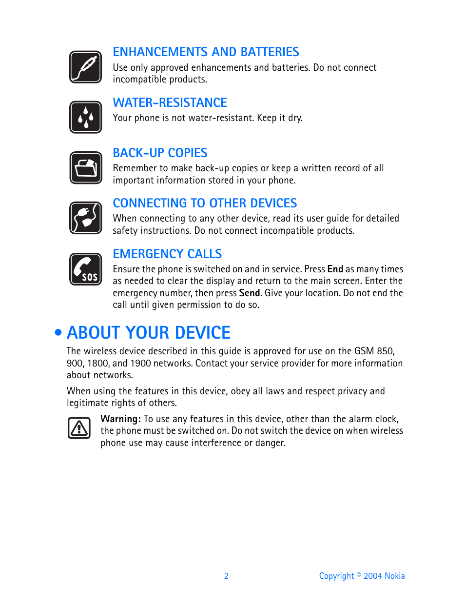 About your device, Enhancements and batteries, Water-resistance | Back-up copies, Connecting to other devices, Emergency calls | Nokia 3200 User Manual | Page 13 / 153