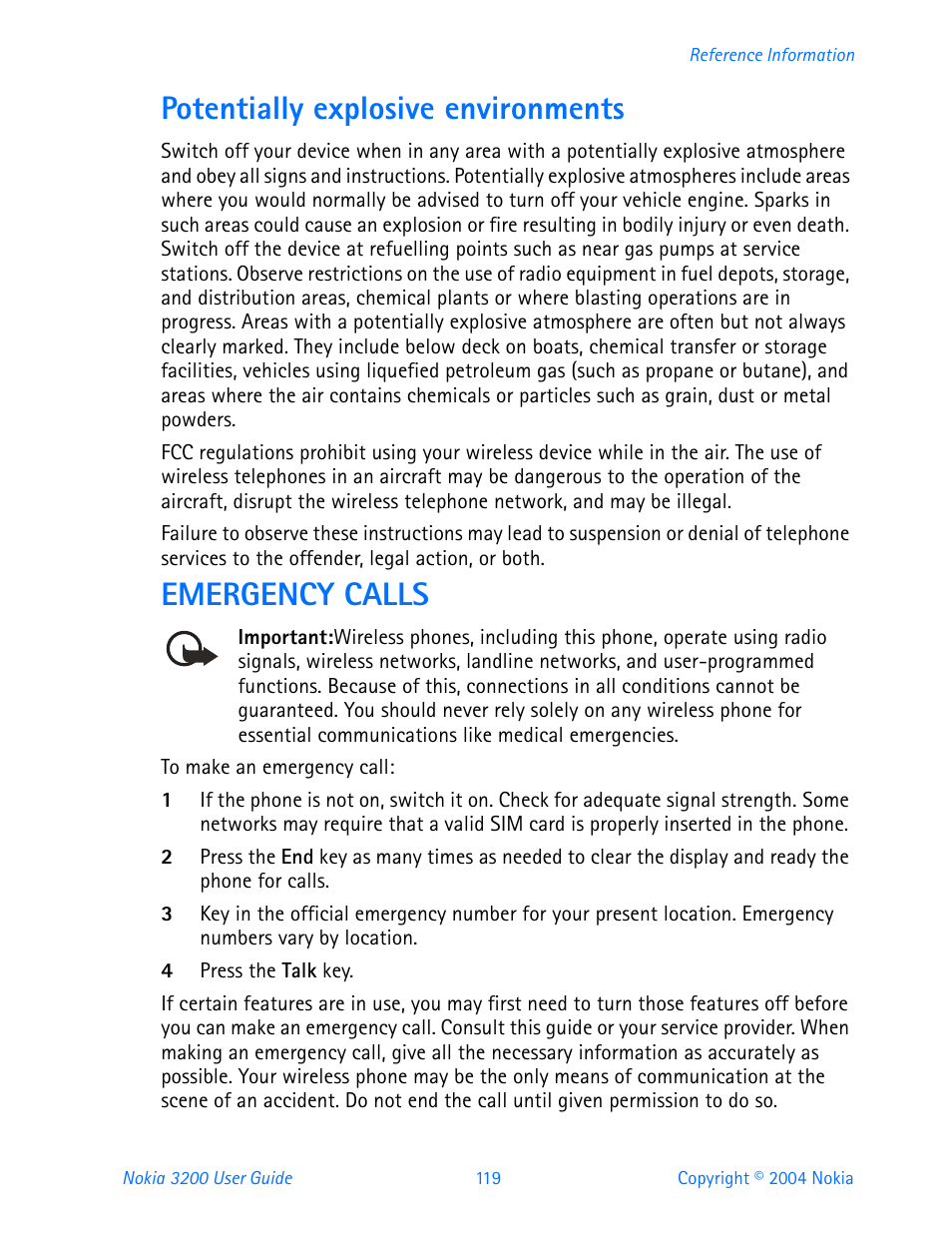 Potentially explosive environments, Emergency calls | Nokia 3200 User Manual | Page 130 / 153