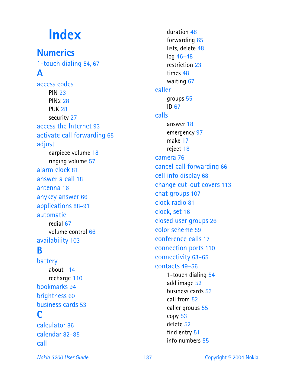 Index, Numerics | Nokia 3200 User Manual | Page 148 / 153