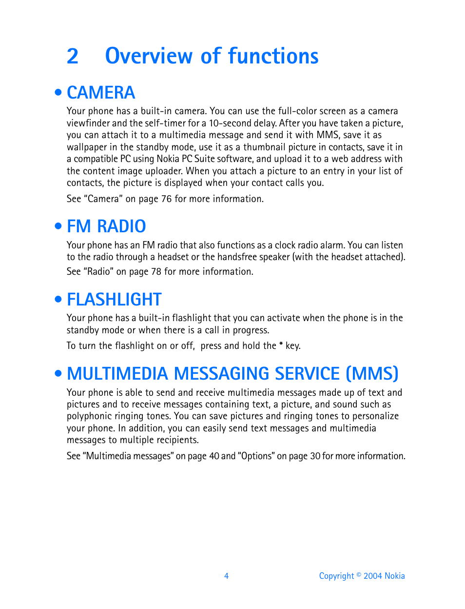 2 overview of functions, Camera, Fm radio | Flashlight, Multimedia messaging service (mms), Overview of functions, 2overview of functions | Nokia 3200 User Manual | Page 15 / 153