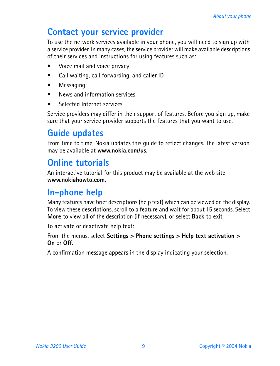 Contact your service provider, Guide updates, Online tutorials | In-phone help | Nokia 3200 User Manual | Page 20 / 153