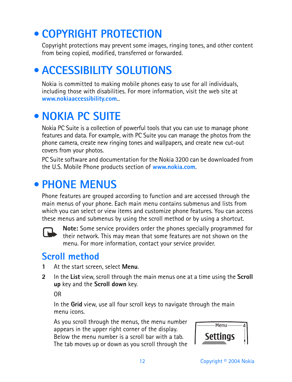 Copyright protection, Accessibility solutions, Nokia pc suite | Phone menus, Scroll method | Nokia 3200 User Manual | Page 23 / 153
