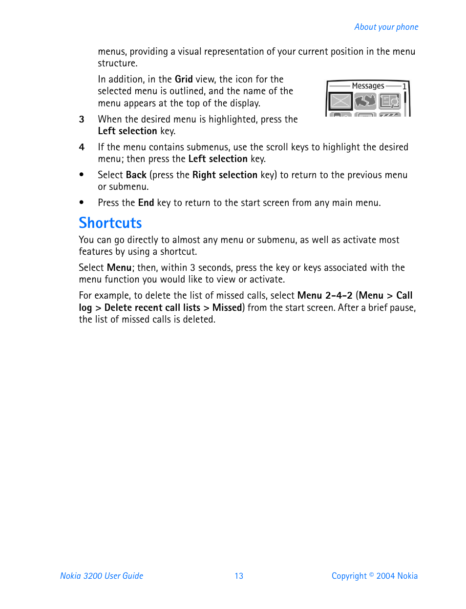 Shortcuts | Nokia 3200 User Manual | Page 24 / 153