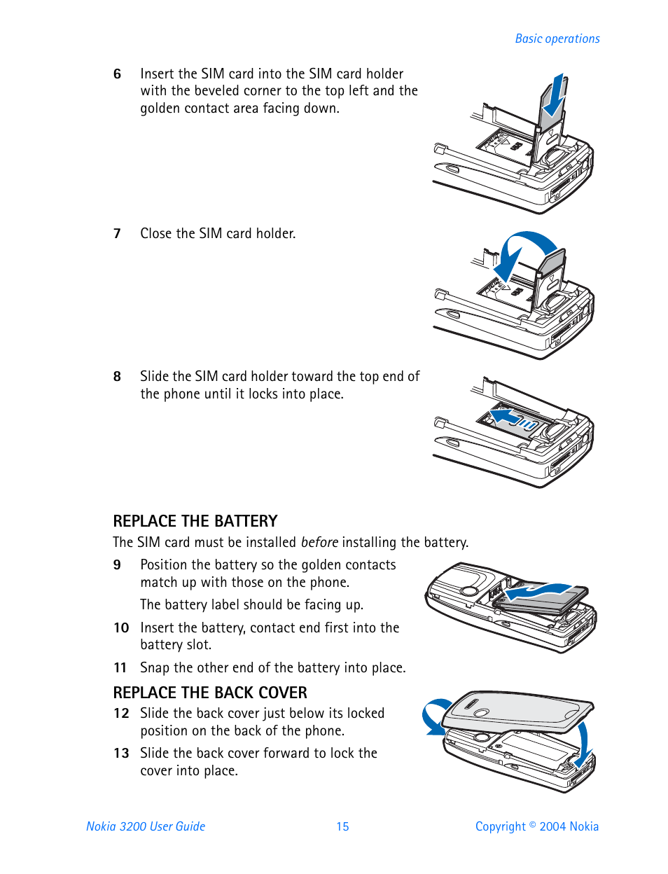 Replace the battery, Replace the back cover | Nokia 3200 User Manual | Page 26 / 153