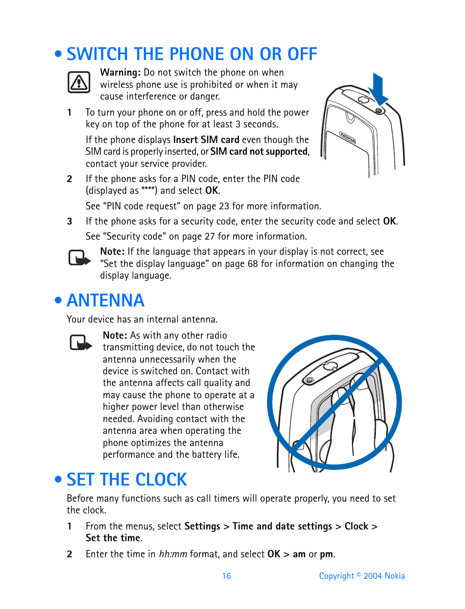 Switch the phone on or off, Antenna, Set the clock | Switch the phone on or off antenna set the clock | Nokia 3200 User Manual | Page 27 / 153