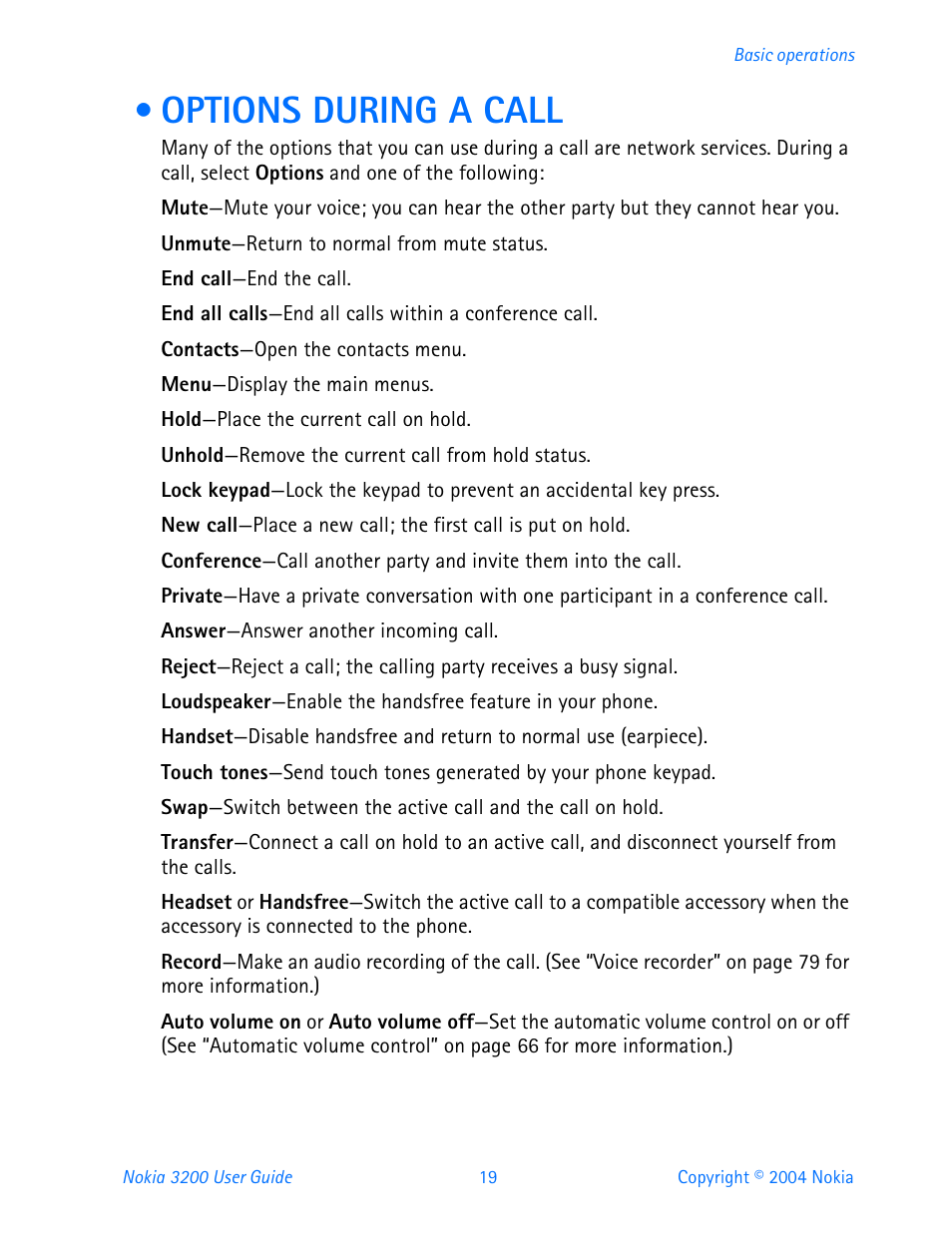 Options during a call | Nokia 3200 User Manual | Page 30 / 153