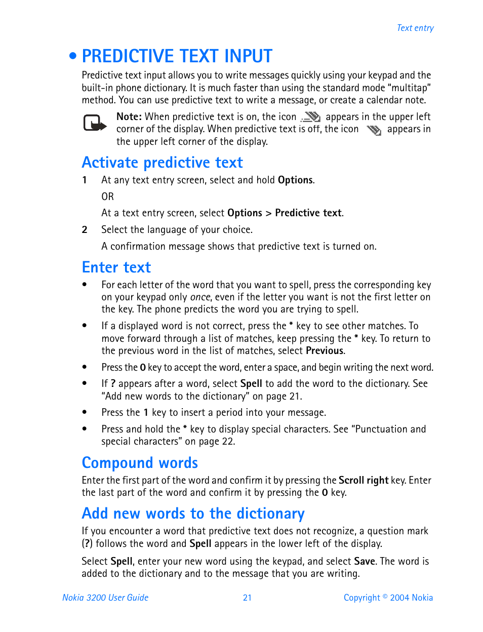 Predictive text input, Activate predictive text, Enter text | Compound words, Add new words to the dictionary | Nokia 3200 User Manual | Page 32 / 153
