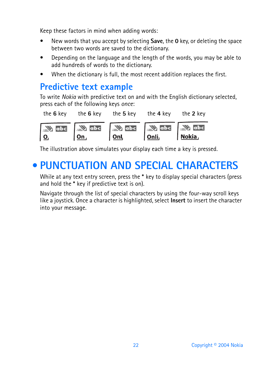 Predictive text example, Punctuation and special characters | Nokia 3200 User Manual | Page 33 / 153