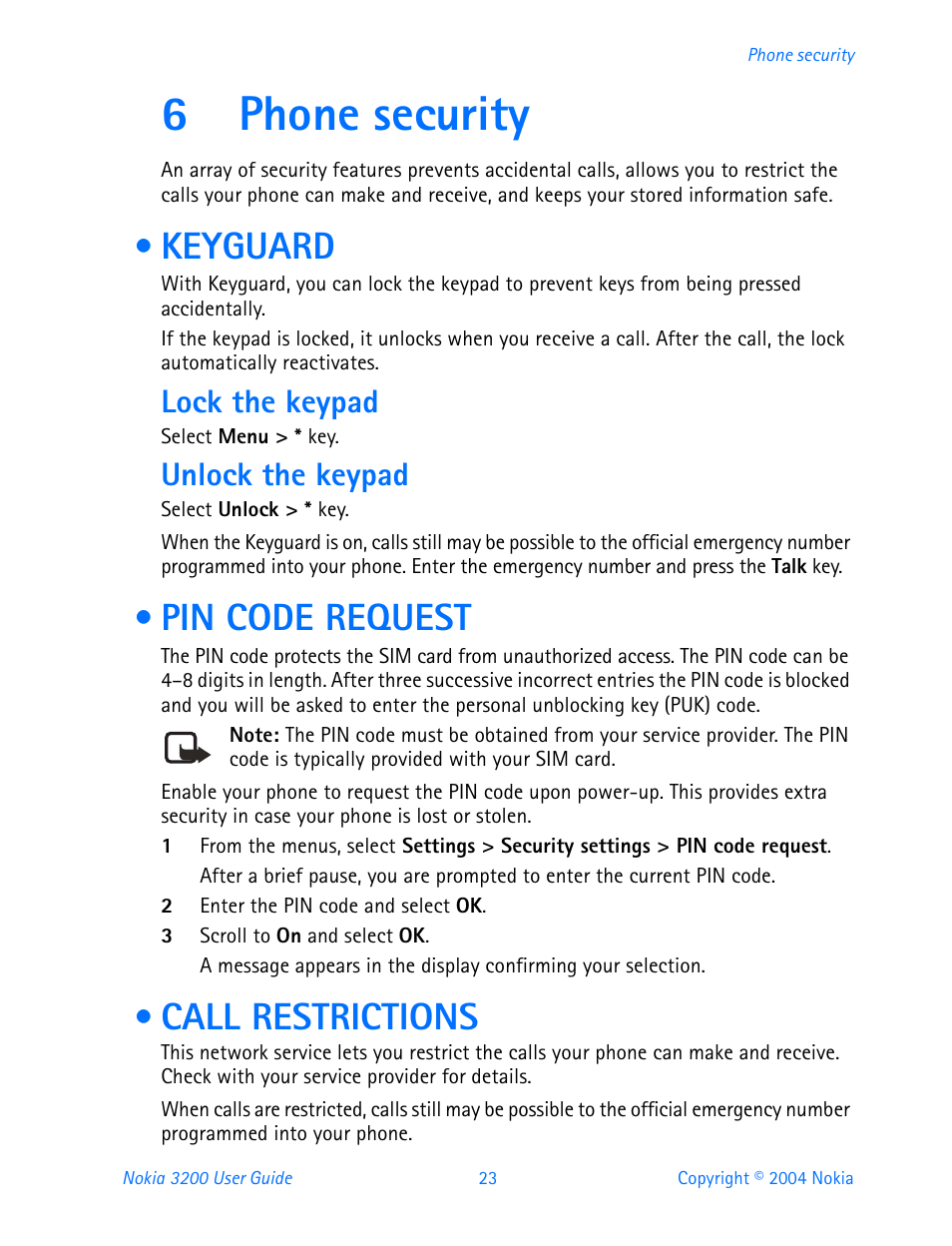 6 phone security, Keyguard, Lock the keypad | Unlock the keypad, Pin code request, Call restrictions, Phone security, Keyguard pin code request call restrictions, 6phone security | Nokia 3200 User Manual | Page 34 / 153