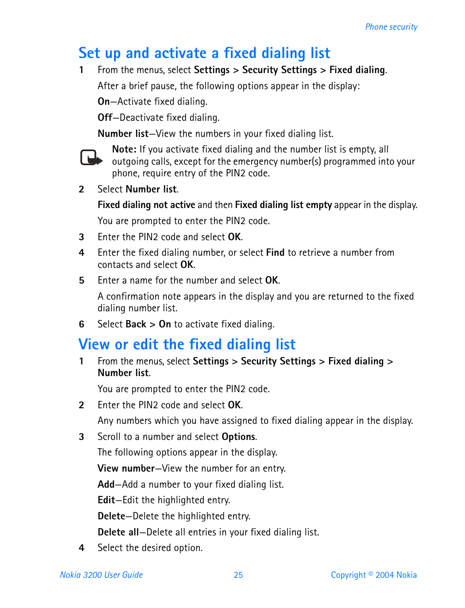 Set up and activate a fixed dialing list, View or edit the fixed dialing list | Nokia 3200 User Manual | Page 36 / 153