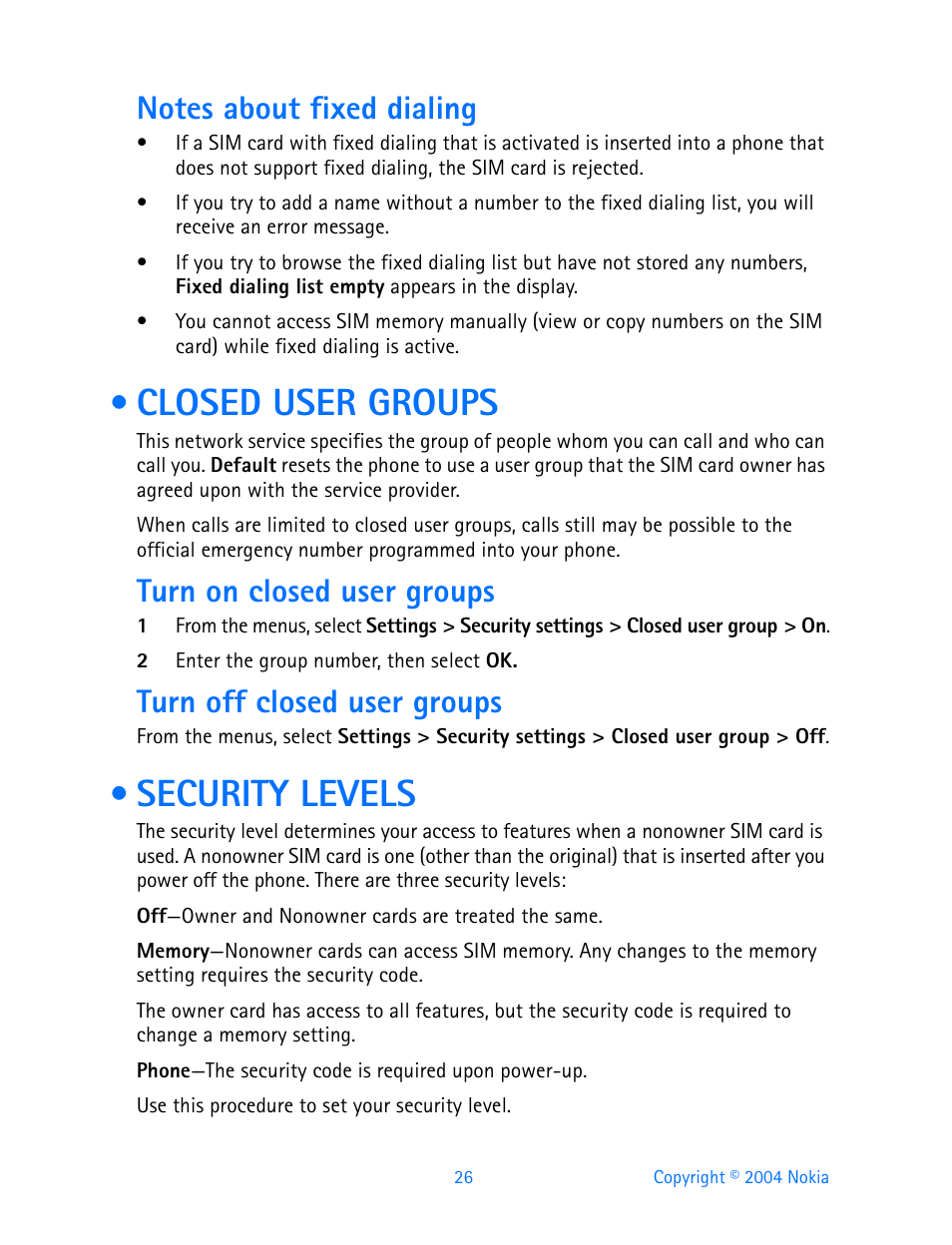 Notes about fixed dialing, Closed user groups, Turn on closed user groups | Turn off closed user groups, Security levels, Closed user groups security levels | Nokia 3200 User Manual | Page 37 / 153