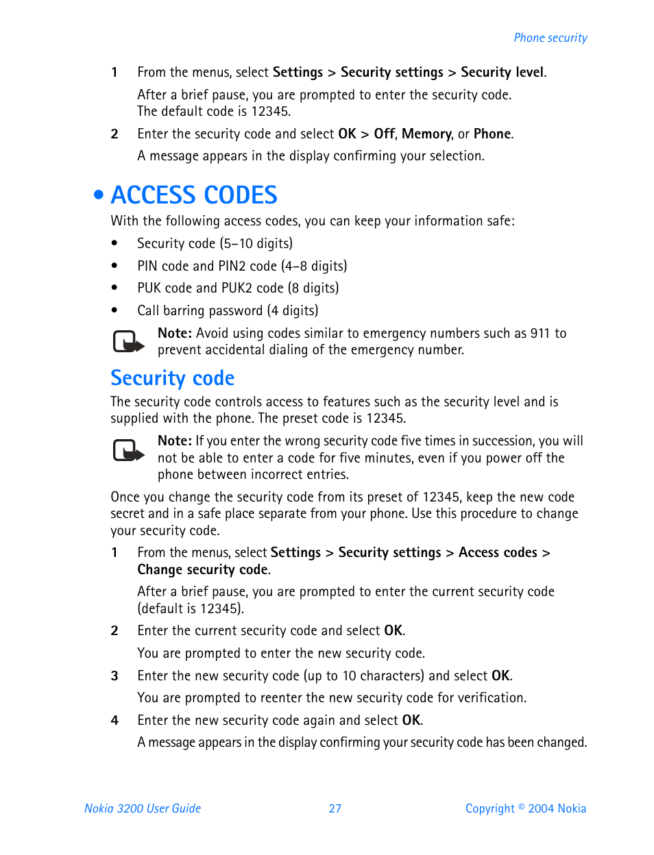 Access codes, Security code | Nokia 3200 User Manual | Page 38 / 153