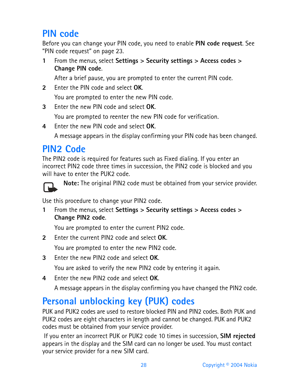 Pin code, Pin2 code, Personal unblocking key (puk) codes | Nokia 3200 User Manual | Page 39 / 153